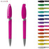 Two plastic pens in vibrant pink, featuring a transparent barrel, alongside various colour options on display.