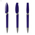 Three purple plastic pens with shiny silver tips and clear caps, featuring a clip, displayed from different angles.