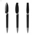 Three black plastic pens with silver accents and retractable mechanisms, featuring a logo on each.