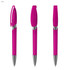 A set of three magenta plastic pens with silver accents and transparent barrels, featuring a logo on one side.