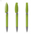 A green transparent plastic pen with a silver clip and tip, displayed in three positions.