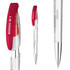 A transparent plastic pen with a red cap and silver accents, featuring a branding logo.