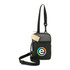 A black crossbody pouch with an adjustable strap and a circular logo. Made from recycled materials.