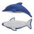 A blue and white stress dolphin toy with a smooth surface and a curved shape, featuring a small eye.