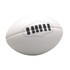 A white stress footy with black detailing and a logo on its surface, ideal for stress relief and fun.