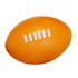 An orange stress ball shaped like a rugby ball, featuring a white logo on its surface.