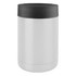 A stainless steel stubby holder in silver with a black top. It features a logo.