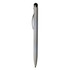 A sleek, silver plastic stylus pen with a black tip and a clip. Includes a branding logo.
