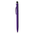 A purple stylus pen with a black rubber tip and a silver clip, featuring a logo.