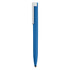 A blue stylus pen with a white clip and a sleek design, featuring a logo on the body.