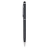 A black stylus pen with a silver clip and accents, featuring a smooth, sleek design and a branding logo.
