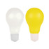 A stress light bulb featuring a white bulb and a yellow bulb, both with a white base. Includes branding.