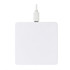 A square white wireless charging pad with a white cable attached. It features a logo on the surface.