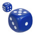 Two large blue stress dice with white pips are displayed. One die is larger than the other.