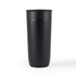 A stainless steel coffee cup with a sleek black finish and a matching lid, designed for reusable drinkware.