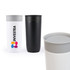 A stainless steel coffee cup in white and black with a grey lid and branding. Reusable and stylish drinkware option.