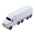 A large white stress truck toy with black wheels and a blue stripe, featuring a simple design and an unspecified logo.