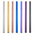 A set of stainless steel drinking straws in silver, gold, rose gold, blue, rainbow, purple, and black, displayed in a row.