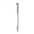 A plastic pen with a white body and a maroon top, featuring a silver clip. The pen has a sleek design and a branding logo.