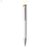 A white plastic pen with a silver tip and a gold accent on the clip. The pen has a logo.