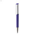 A plastic pen in purple with a white clip and silver tip, featuring a brand logo.