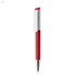 A red plastic pen with a white clip and a silver nib, featuring a logo.