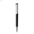 A sleek black and white plastic pen with a silver tip and a logo on its side.