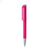 A pink plastic pen with a silver tip and a clip, featuring a branding logo.