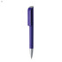 A purple plastic pen with a silver tip and a clip. The pen features branding on its body.