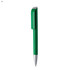 A green plastic pen with a silver tip, featuring a sleek design and a logo on the casing.