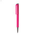 A pink plastic pen with a shiny silver tip and a clip at the top, featuring a logo.
