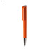 An orange plastic pen with a sleek design and a clip. Features a metallic tip and has a logo.