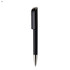 A sleek black plastic pen with a shiny silver tip and a matching cap, featuring a subtle logo.