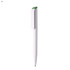 A plastic pen in white with a green top. It features a logo on the barrel.