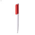 A plastic pen with a white body and a red grip, featuring a logo on the side.