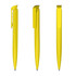 A bright yellow plastic pen with a textured grip and clip, viewed from three angles. It features a branding logo.