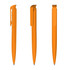 An orange plastic pen with a textured grip, featuring a clip and a smooth writing tip, displayed from three angles.