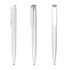 A sleek white plastic pen with a textured grip and a silver clip, featuring a modern design.