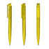A transparent yellow plastic pen with a sleek design, featuring a clip and a visible mechanism.