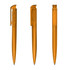 An orange transparent plastic pen displayed from three angles, featuring a clip and a visible inner mechanism.