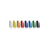 A collection of plastic pens in various colours, including silver, orange, yellow, red, purple, blue, green, and black. Each pen features a logo.
