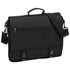 A black briefcase with a shoulder strap, front zip pocket, and two clasps for closure. It has a logo.