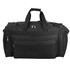 A black duffle bag with multiple zippered compartments and sturdy handles, featuring a shoulder strap and a logo.