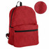 A red backpack featuring a front zip pocket and a textured fabric. It has adjustable straps and a logo.