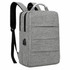 A grey laptop backpack with a sleek design, featuring multiple compartments and a logo on the front.