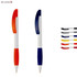 A set of plastic pens in red, blue, black, yellow, and white, featuring a logo in the corner.
