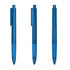 A set of three transparent blue plastic pens with clip and retractable tips, featuring a branding logo.