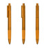 Three transparent orange plastic pens displayed from different angles, showcasing their design and clip feature.