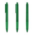 Three green transparent plastic pens arranged in a row, featuring a clip and a visible ink reservoir.