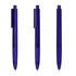 Three purple plastic pens with transparent components are displayed side by side, each featuring a clip and a rounded tip.